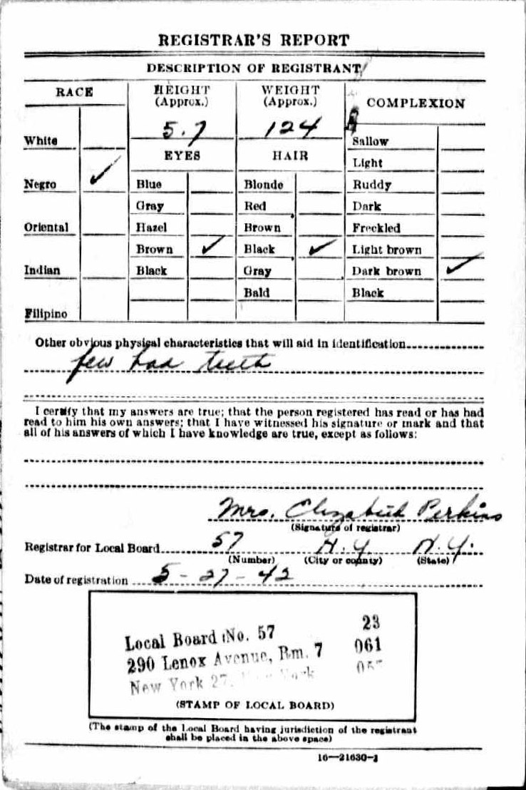 Back of James Fowler WWII Draft Registration Card, 1942